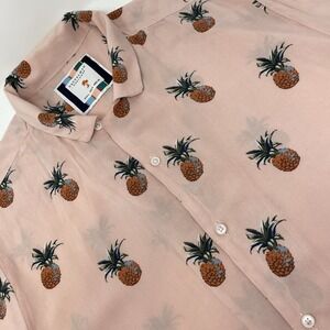 Cactus Man Ricky Singh Mens Large Cotton Short Sleeve Shirt Pineapple Pink Aloha